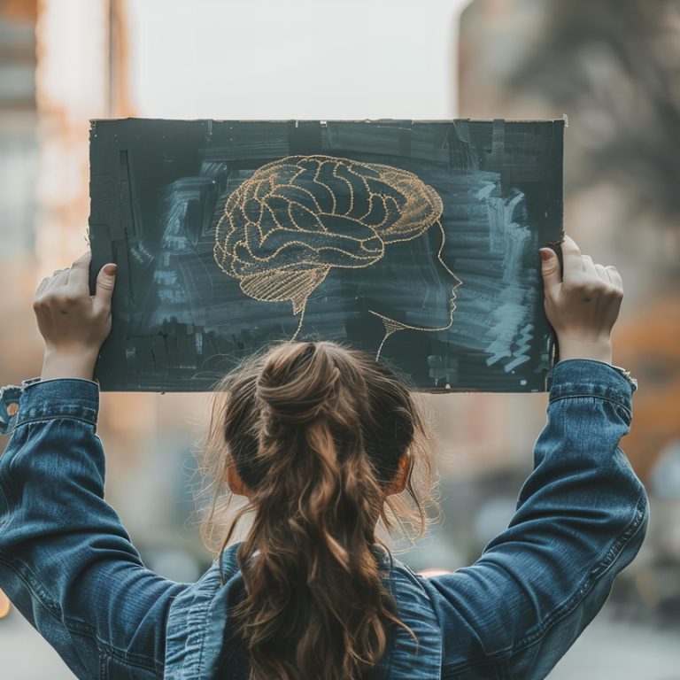 Stock photo of a woman holding up a sign showing people covered their hair not their brain, in the style of aminollah rezaei, pop inspo, borge bredenbekk, i can t believe how beautiful this is, ravencore, nonrepresentational, humanist, --ar 3:2 --style raw --stylize 150